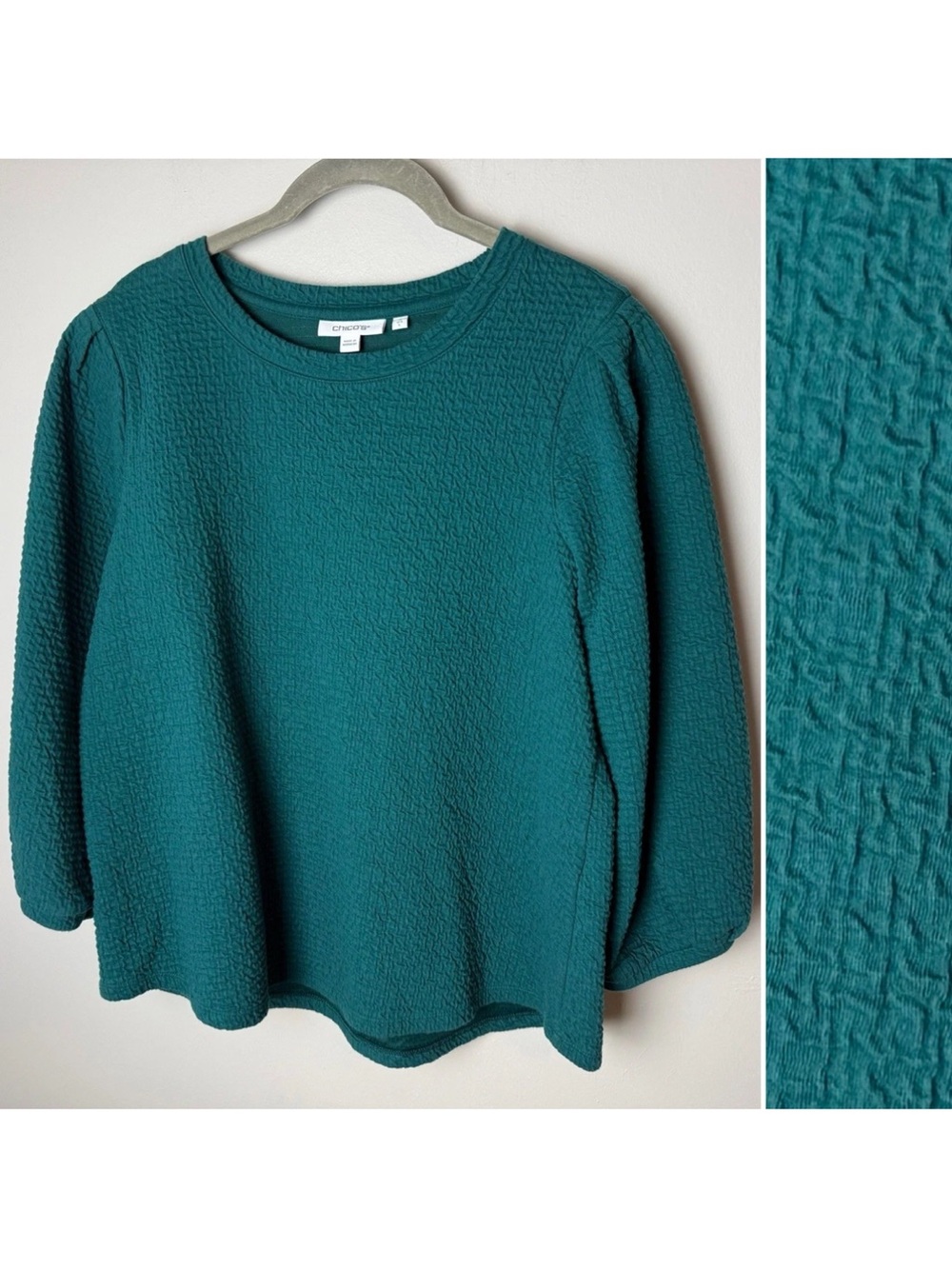Chico's Top Size 2 (Large, 12) Teal Textured Crinkle 3/4 Sleeves Jewel Tone